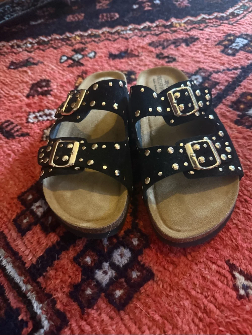 Black Studded Double-Buckle Slide genuine suede Sandals